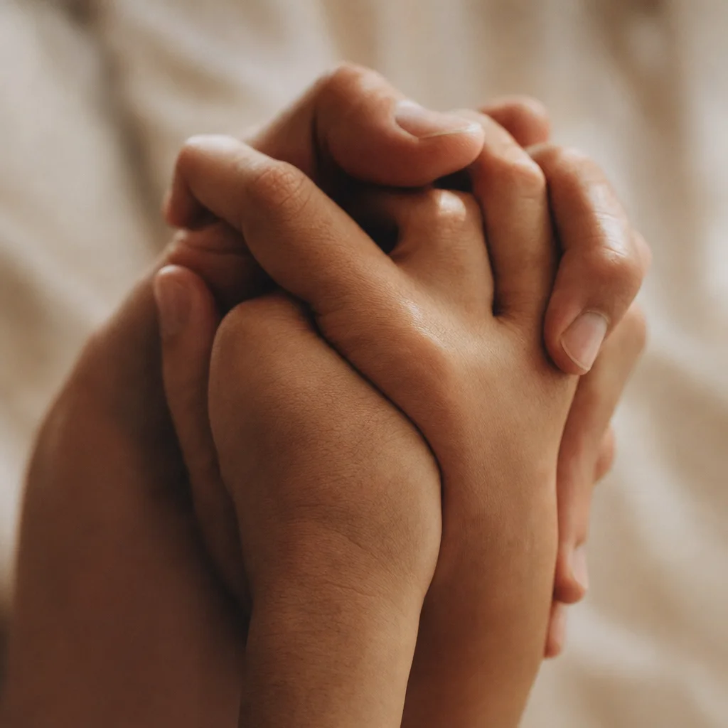 Breeding kink guide: two hands interlocked in warm window light