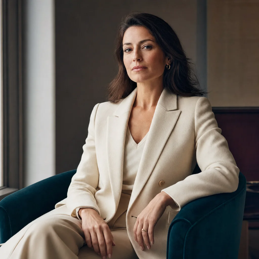 Mommy dom guide: composed woman in tailored cream coat, editorial portrait