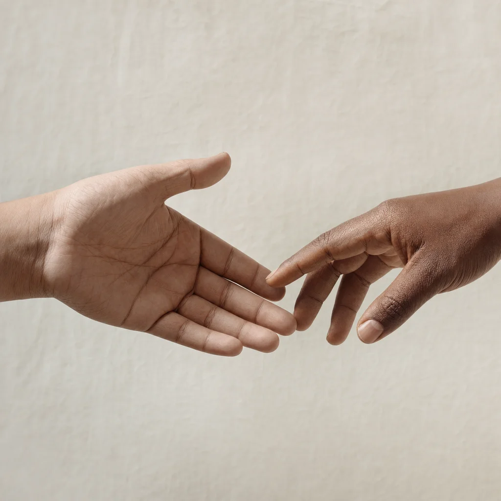 Service top vs submissive top: two hands meeting in an asymmetric gesture