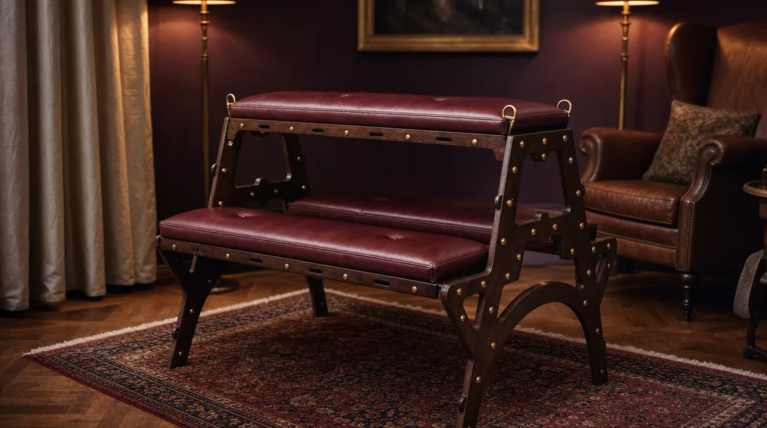 A dark hardwood spanking bench with oxblood leather padding and brass studs on a Persian rug in a warm, dimly lit private room.