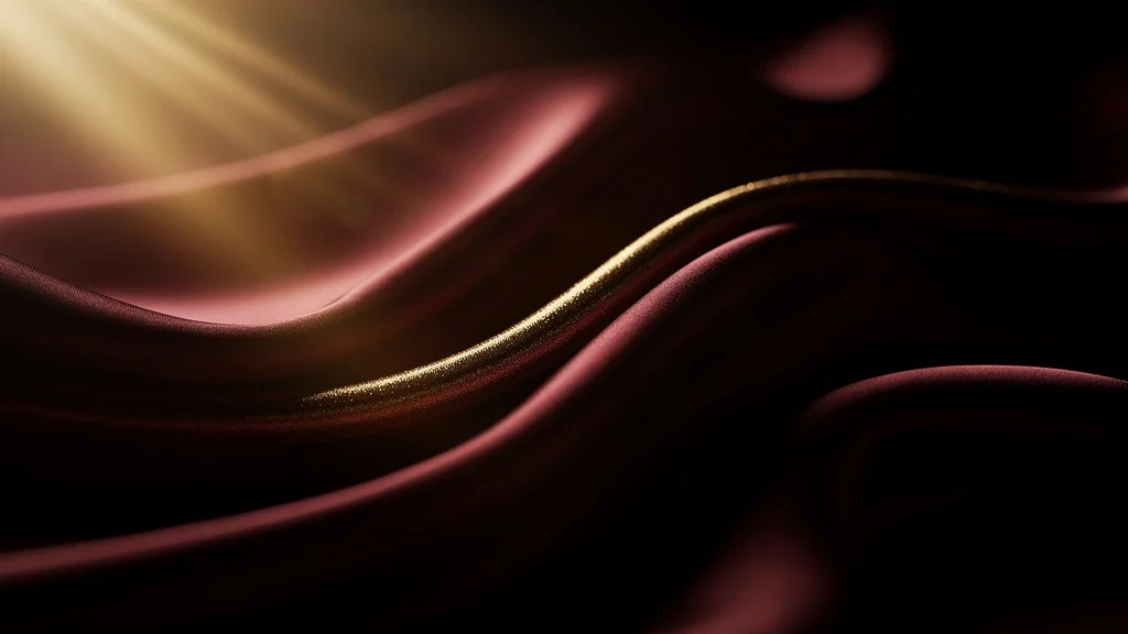 Dark oxblood silk folds catching low light, crossed by a thin gold line
